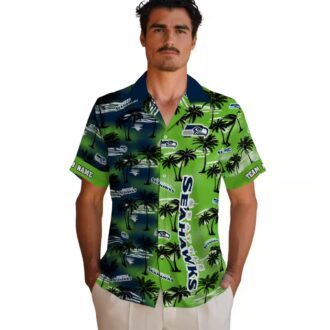 Seattle Seahawks Custom Hawaiian Shirt, Blue Palm Silhouettes Aloha NFL Fan Apparel