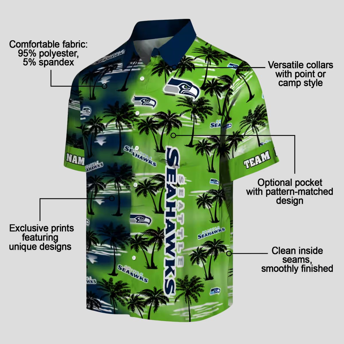 Seattle Seahawks Custom Hawaiian Shirt, Blue Palm Silhouettes Aloha NFL Fan Apparel