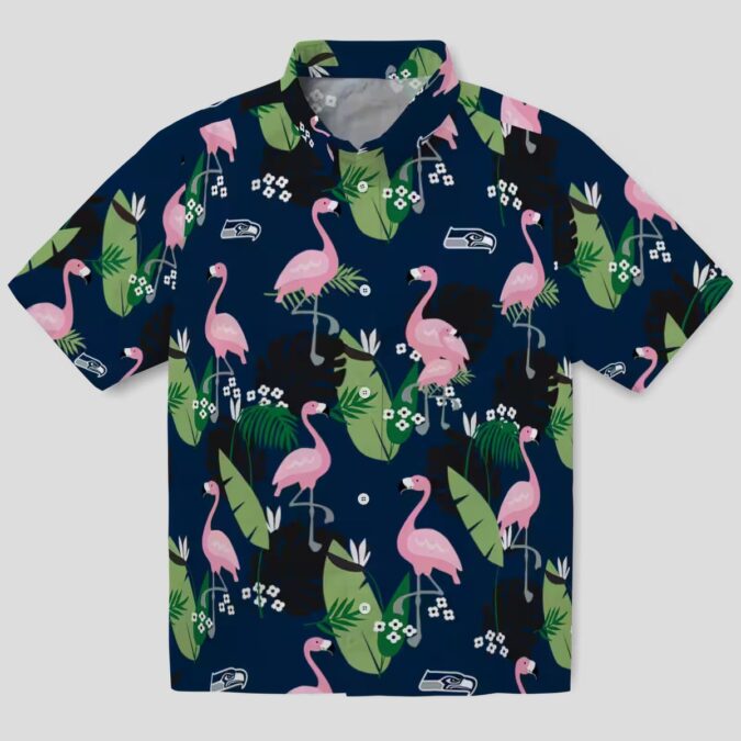 Seattle Seahawks Hawaiian Button Up Shirt, Tropical Flamingo & Leaf NFL Fan Gifts
