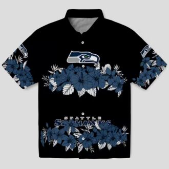 Seattle Seahawks Hibiscus Stripe Aloha Shirt - Blue Black Hawaiian Style