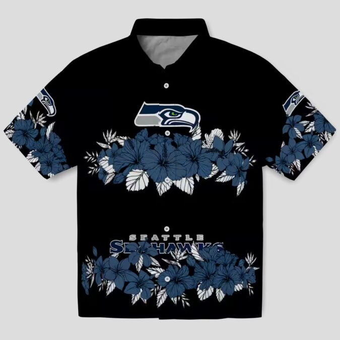 Seattle Seahawks Hibiscus Stripe Aloha Shirt - Blue Black Hawaiian Style