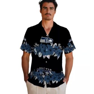 Seattle Seahawks Hibiscus Stripe Aloha Shirt - Blue Black Hawaiian Style