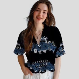 Seattle Seahawks Hibiscus Stripe Aloha Shirt - Blue Black Hawaiian Style