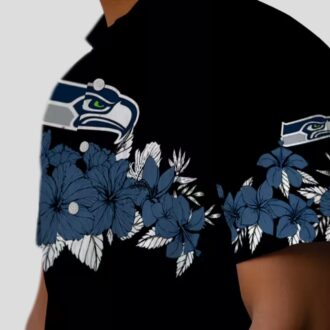 Seattle Seahawks Hibiscus Stripe Aloha Shirt - Blue Black Hawaiian Style