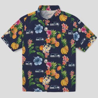 Seattle Seahawks Navy Blue Hawaiian Shirt - Tropical Hibiscus & Fruit Print