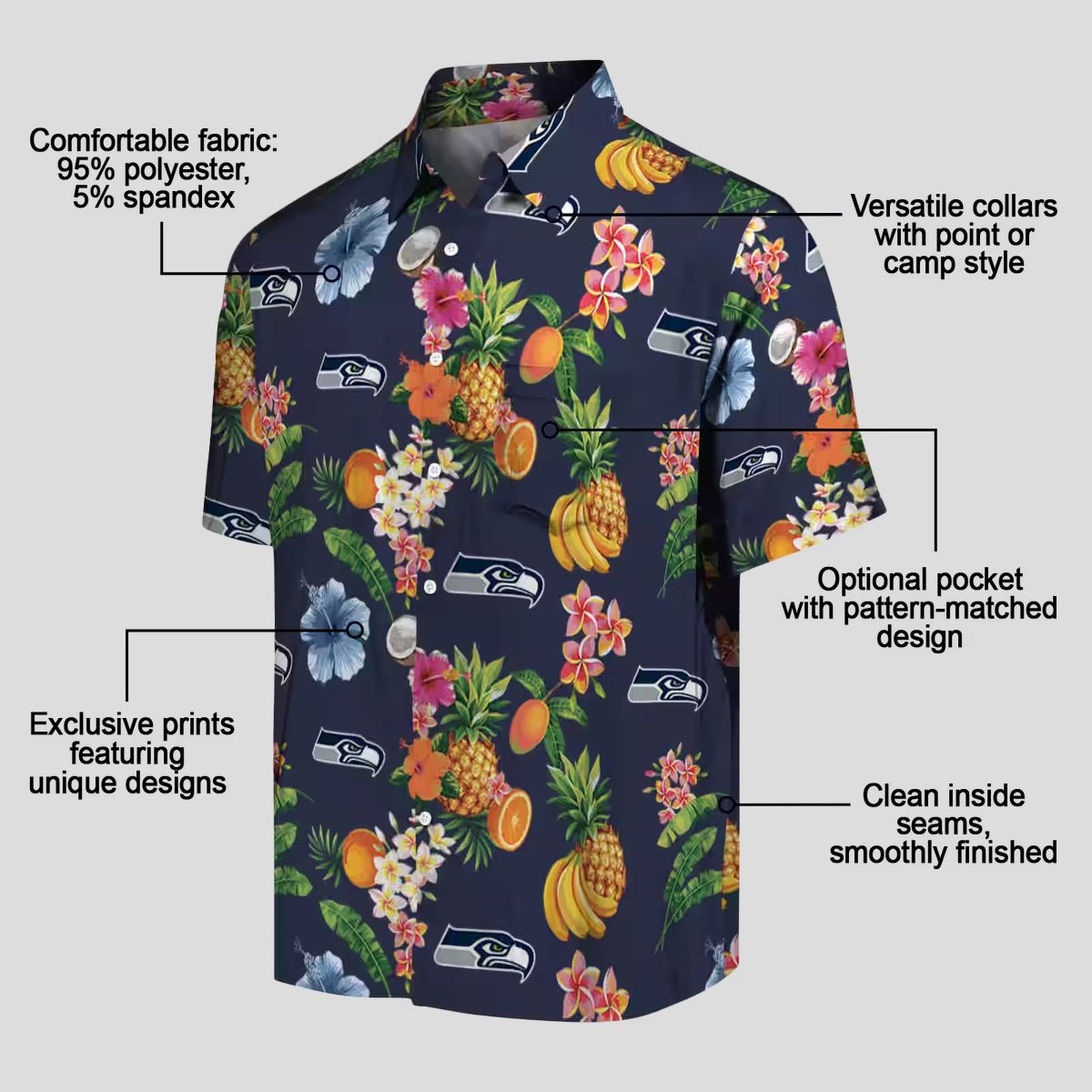 Seattle Seahawks Navy Blue Hawaiian Shirt - Tropical Hibiscus & Fruit Print