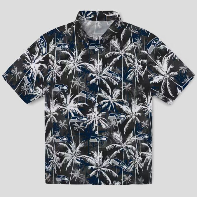 Seattle Seahawks Palm Print Hawaiian Shirt, Blue Black NFL Game Day Wear