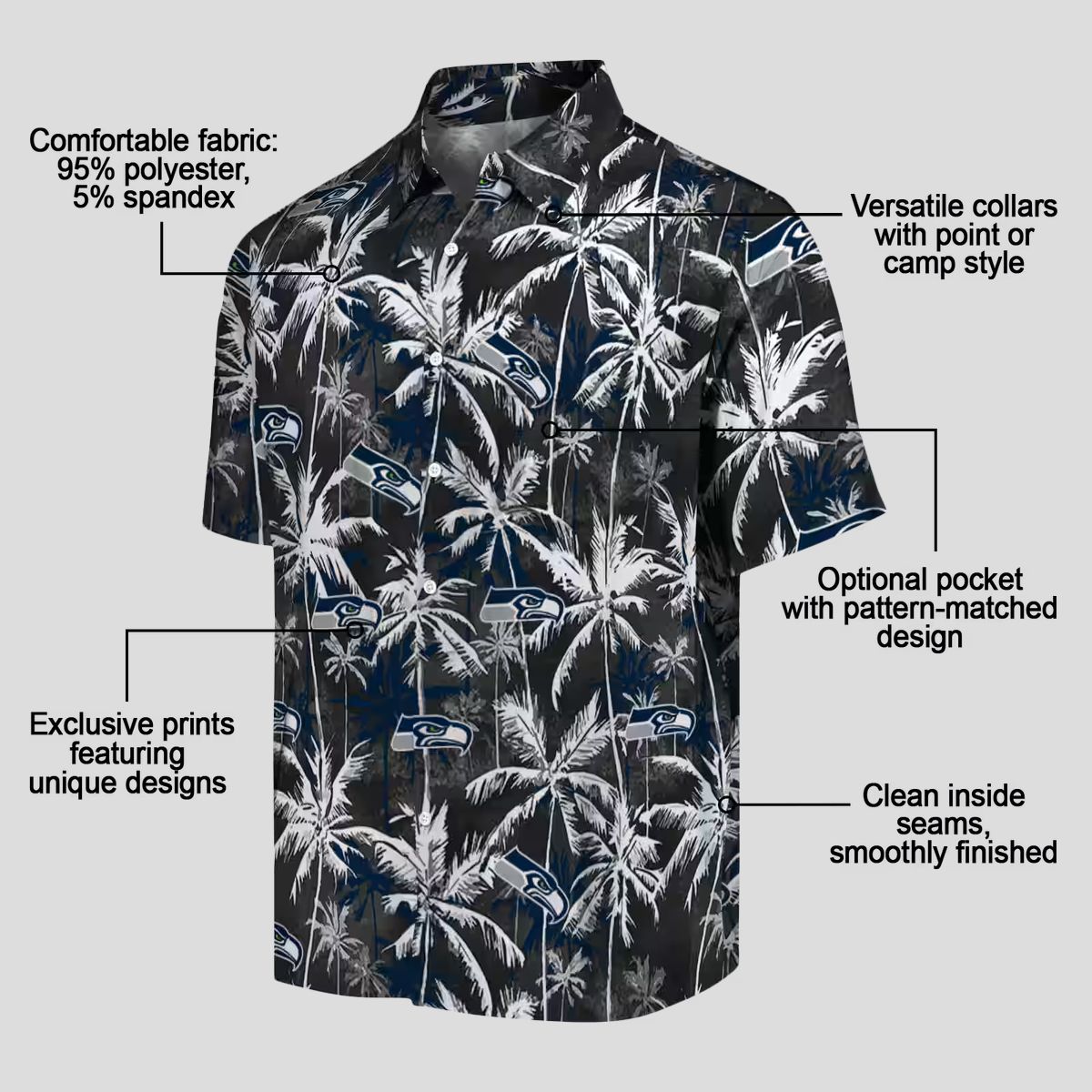 Seattle Seahawks Palm Print Hawaiian Shirt, Blue Black NFL Game Day Wear
