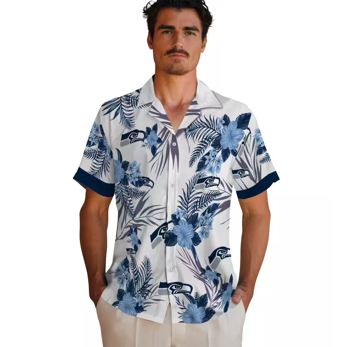 Seattle Seahawks Patriotic Hibiscus Shirt, Blue & White Hawaiian Fan Apparel