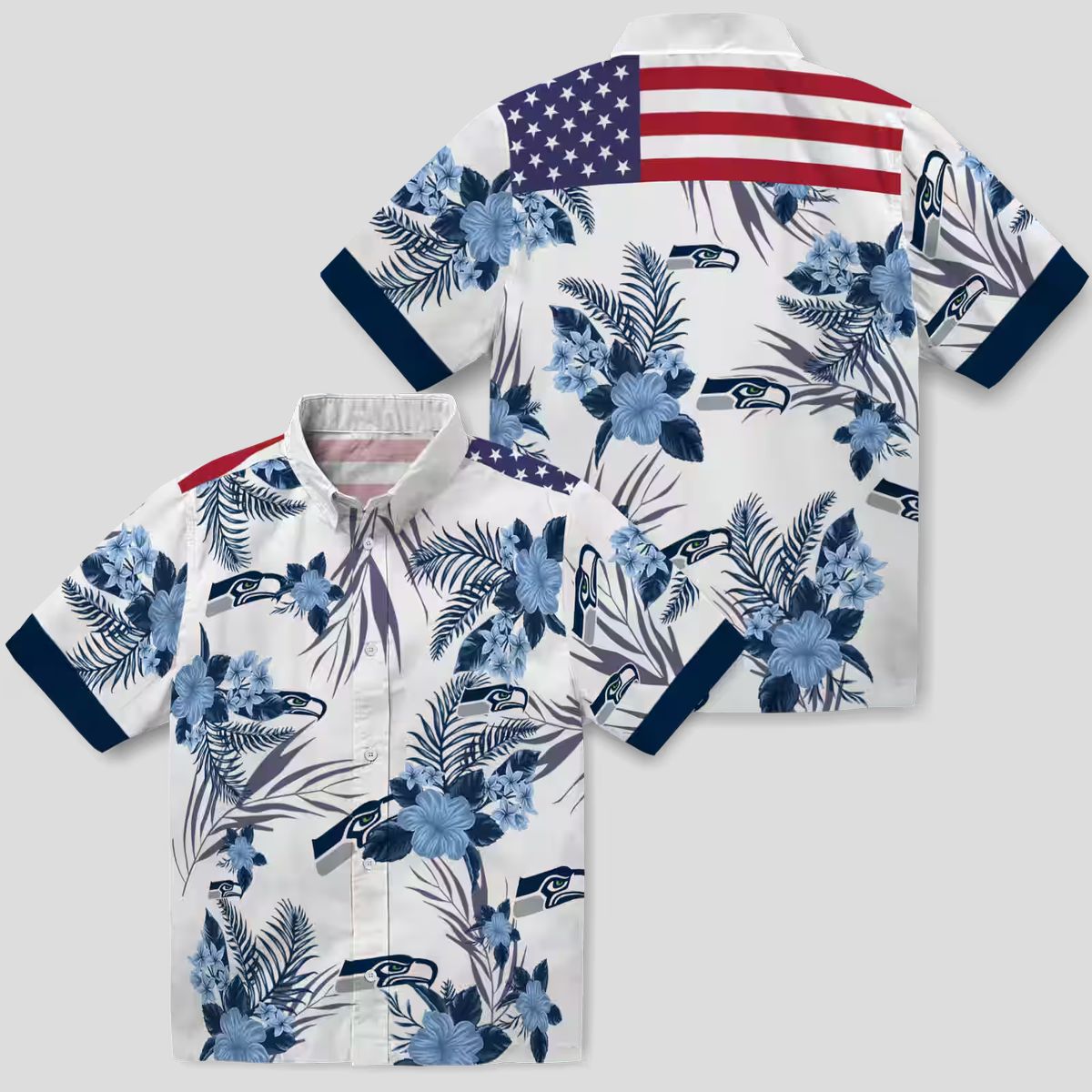 Seattle Seahawks Patriotic Hibiscus Shirt, Blue & White Hawaiian Fan Apparel