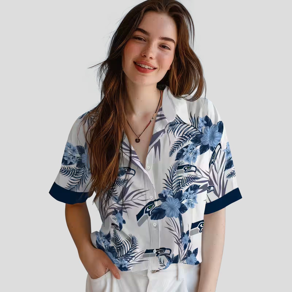 Seattle Seahawks Patriotic Hibiscus Shirt, Blue & White Hawaiian Fan Apparel