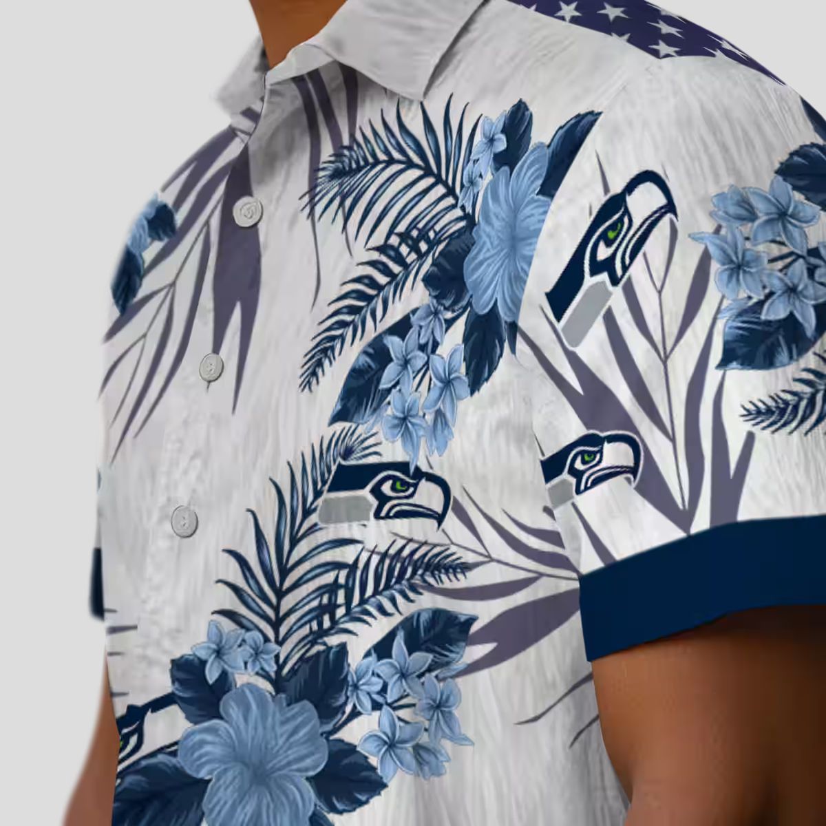 Seattle Seahawks Patriotic Hibiscus Shirt, Blue & White Hawaiian Fan Apparel