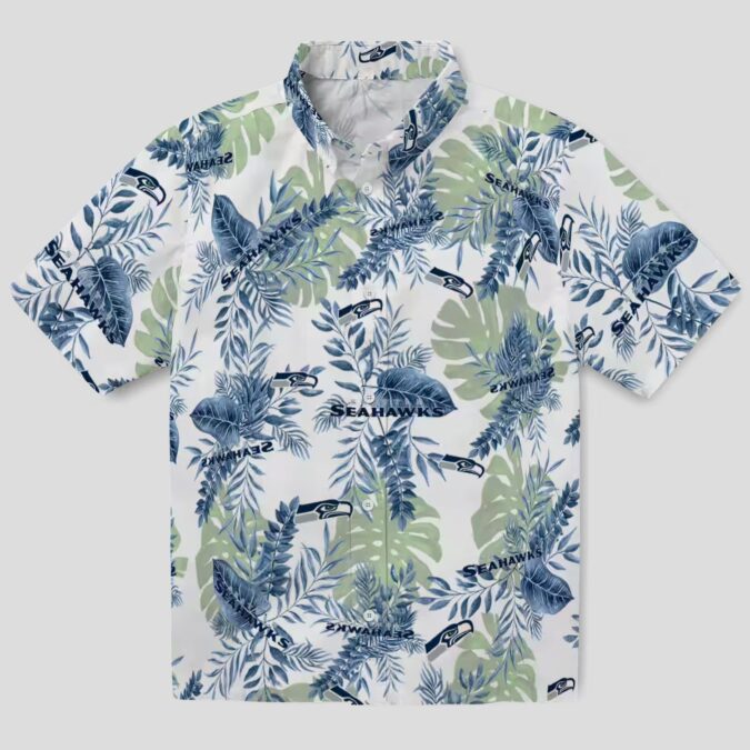 Seattle Seahawks Tropical Leaves Hawaiian Shirt, Blue & White NFL Aloha Apparel