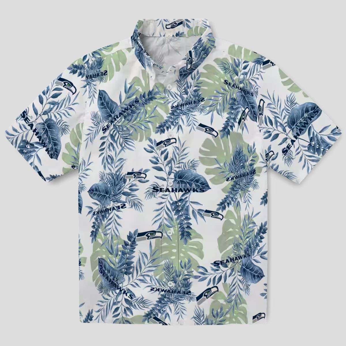 Seattle Seahawks Tropical Leaves Hawaiian Shirt, Blue & White NFL Aloha Apparel