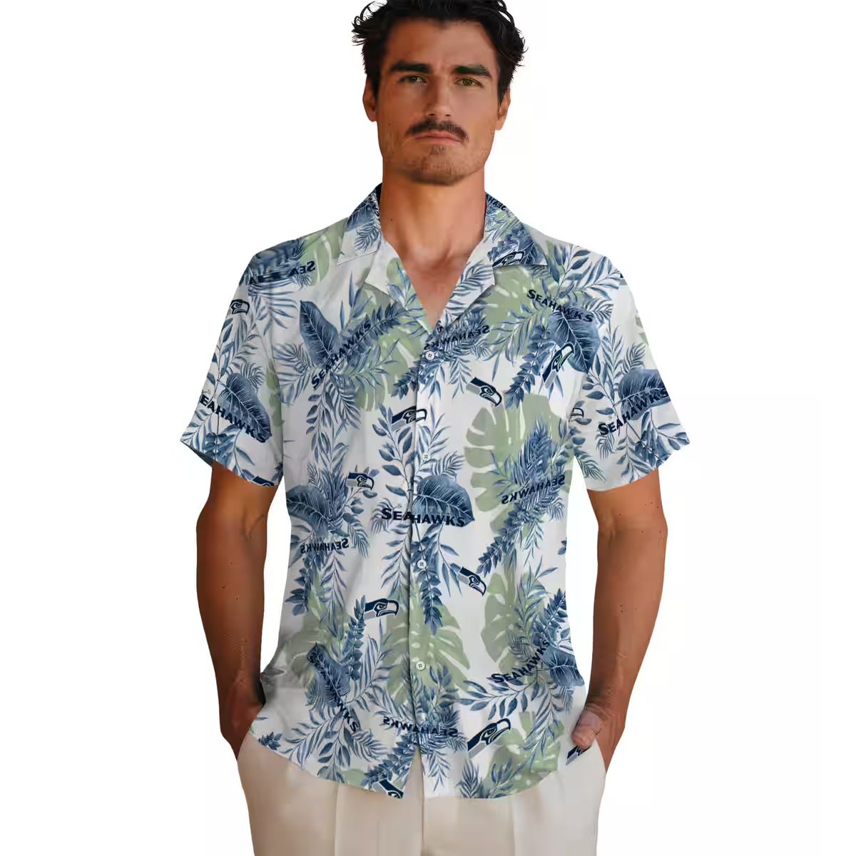 Seattle Seahawks Tropical Leaves Hawaiian Shirt, Blue & White NFL Aloha Apparel