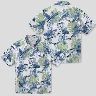 Seattle Seahawks Tropical Leaves Hawaiian Shirt, Blue & White NFL Aloha Apparel