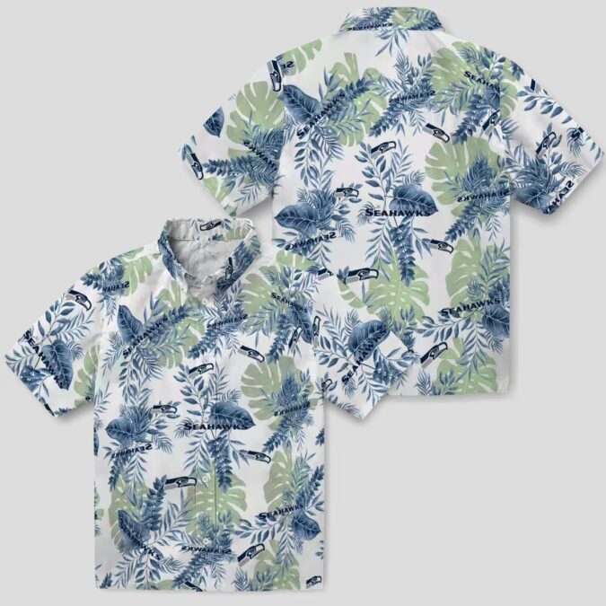 Seattle Seahawks Tropical Leaves Hawaiian Shirt, Blue & White NFL Aloha Apparel