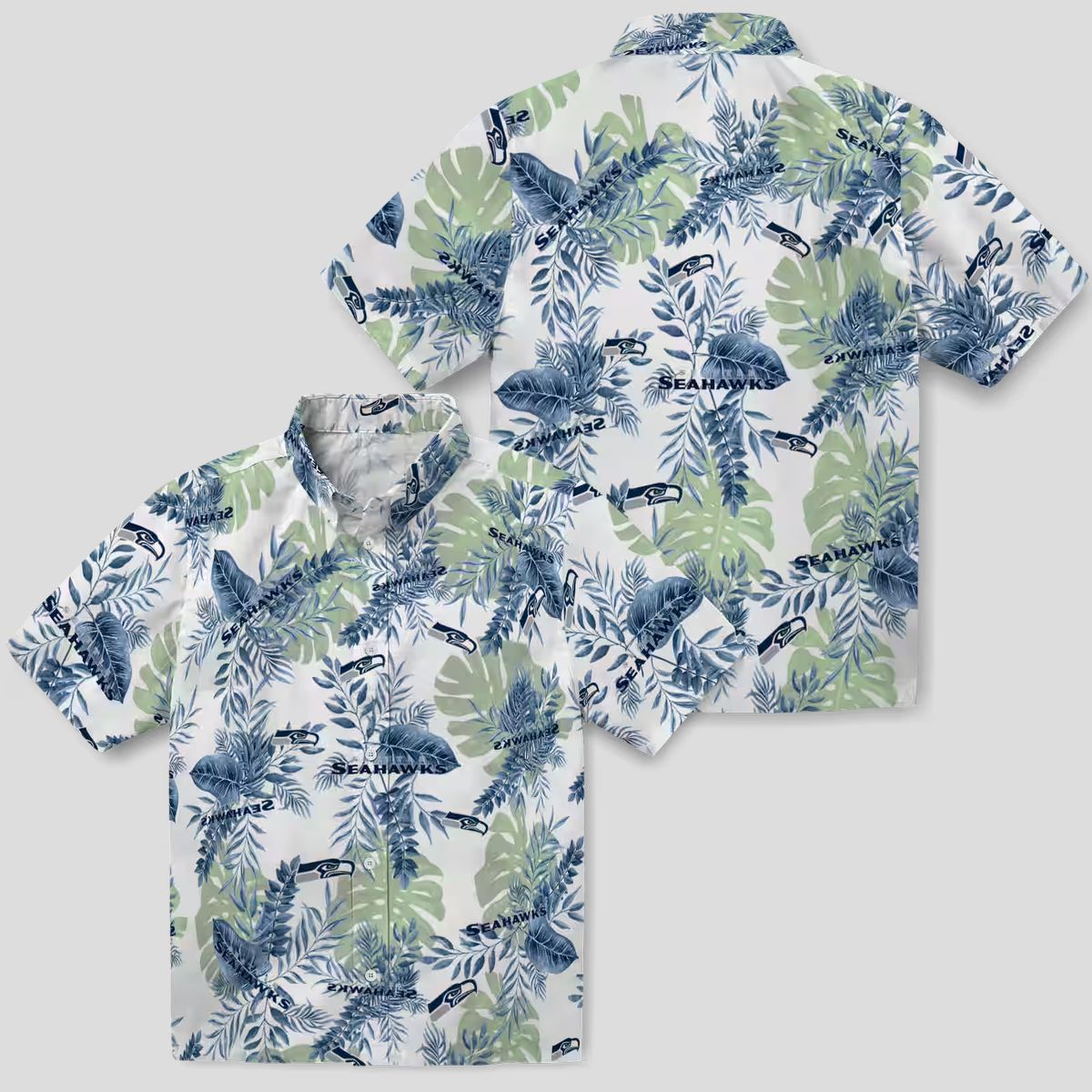 Seattle Seahawks Tropical Leaves Hawaiian Shirt, Blue & White NFL Aloha Apparel