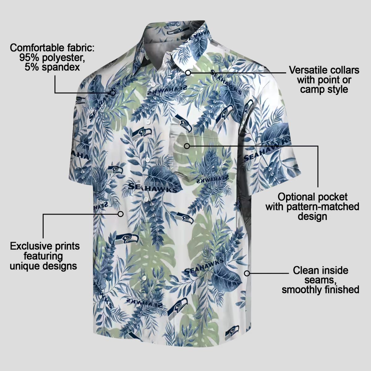 Seattle Seahawks Tropical Leaves Hawaiian Shirt, Blue & White NFL Aloha Apparel