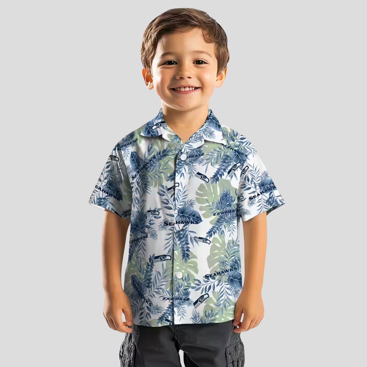 Seattle Seahawks Tropical Leaves Hawaiian Shirt, Blue & White NFL Aloha Apparel