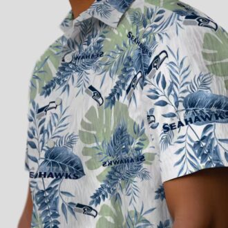 Seattle Seahawks Tropical Leaves Hawaiian Shirt, Blue & White NFL Aloha Apparel