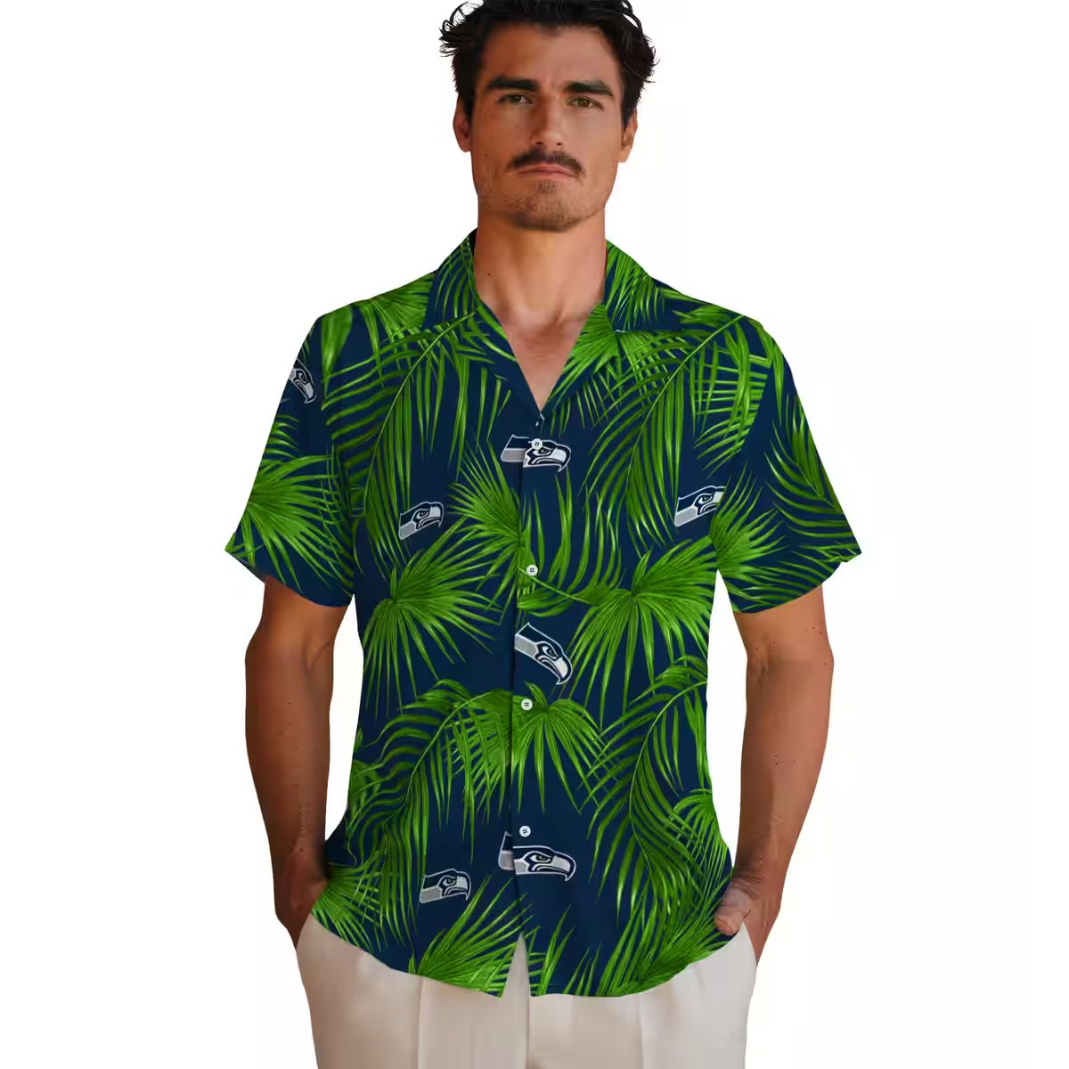 Seattle Seahawks Vacation Hawaiian Shirt - Blue Tropical Palms & Hibiscus Print