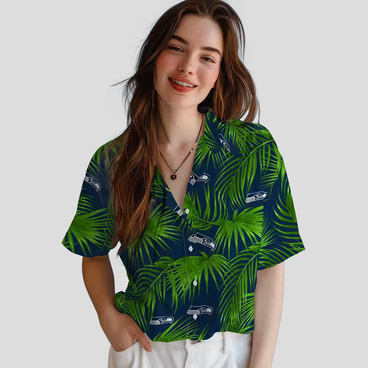 Seattle Seahawks Vacation Hawaiian Shirt - Blue Tropical Palms & Hibiscus Print
