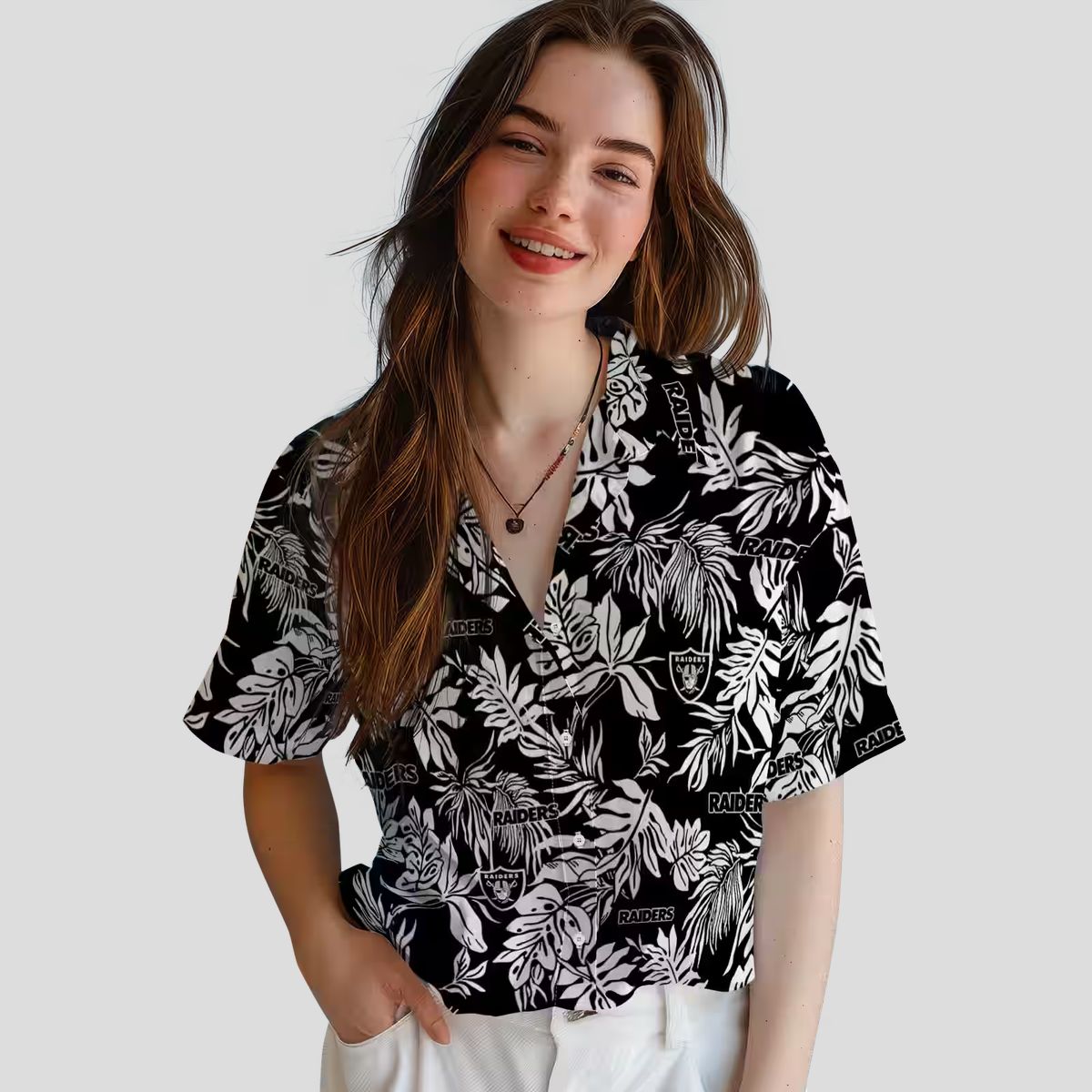 Black & White Las Vegas Raiders Hawaiian Shirt - Stylish Tropical Leaf Fan Gift