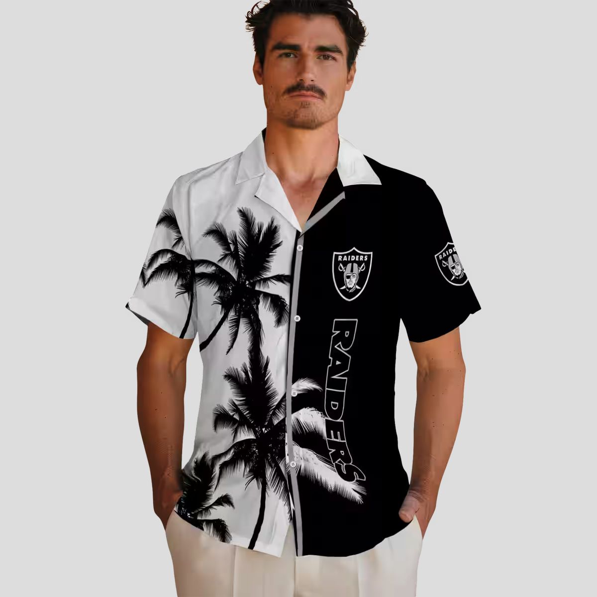 Black & White Raiders Hawaiian Shirt, Palm Tree Aloha Theme for NFL Football Fans