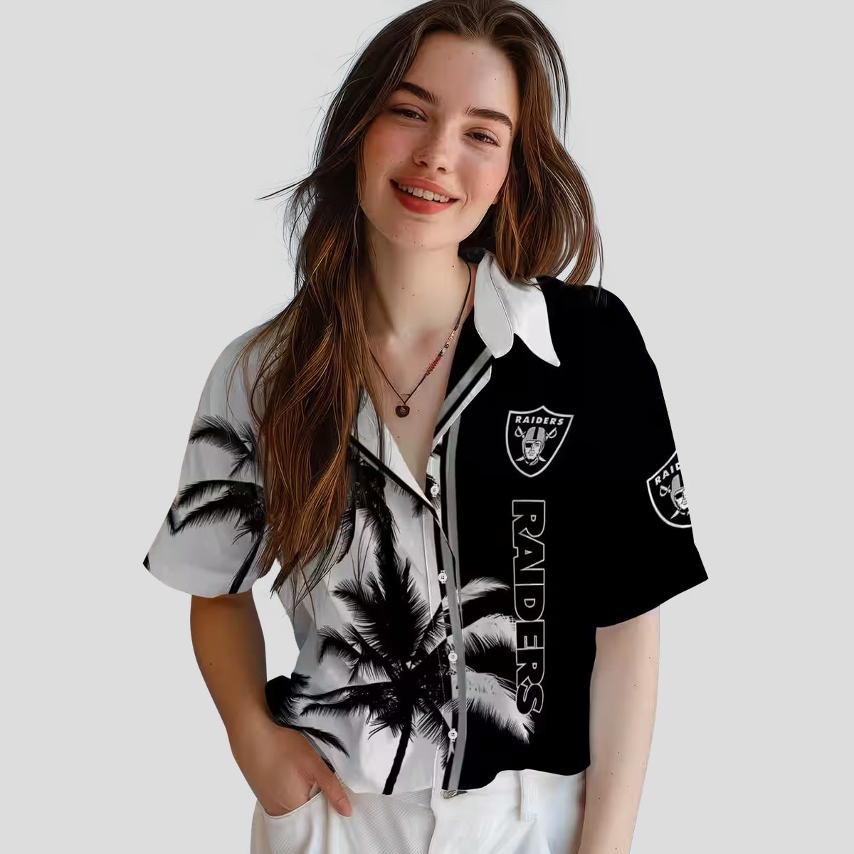 Black & White Raiders Hawaiian Shirt, Palm Tree Aloha Theme for NFL Football Fans