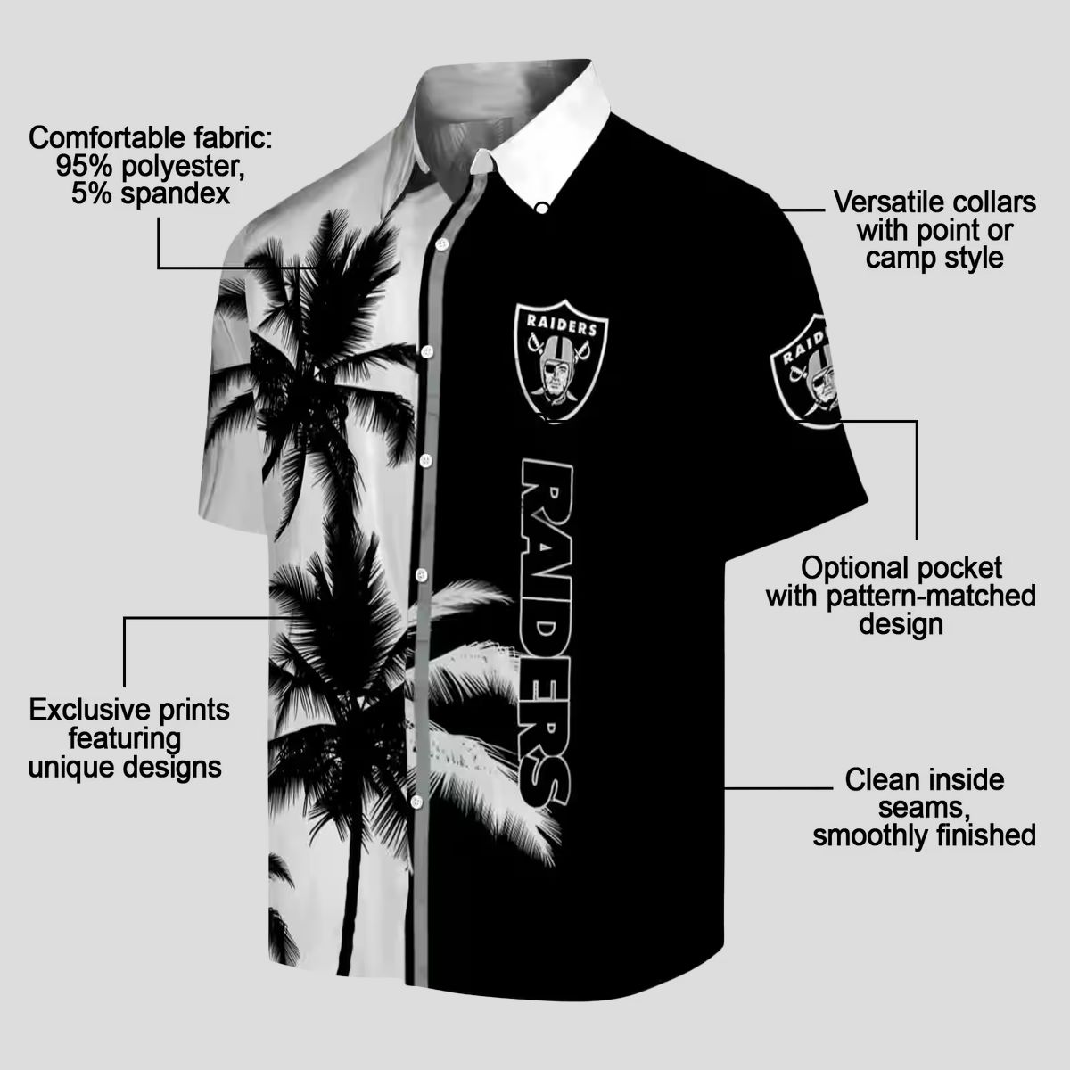 Black & White Raiders Hawaiian Shirt, Palm Tree Aloha Theme for NFL Football Fans