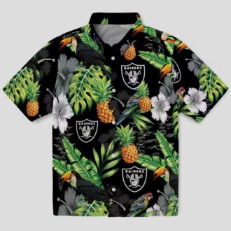 Black Green Las Vegas Raiders Aloha Button Up Shirt - Hibiscus Pineapple Hawaiian Style
