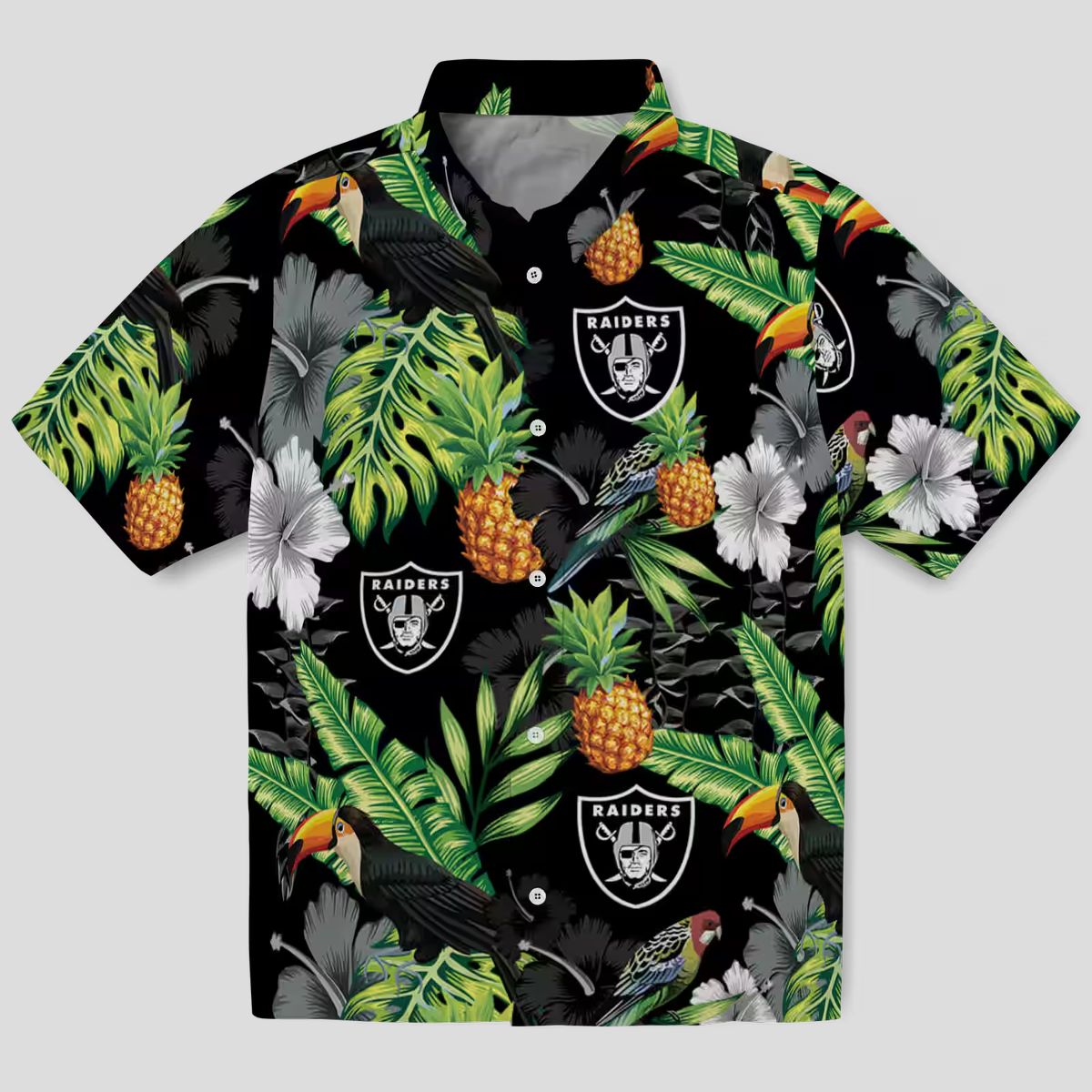 Black Green Las Vegas Raiders Aloha Button Up Shirt - Hibiscus Pineapple Hawaiian Style