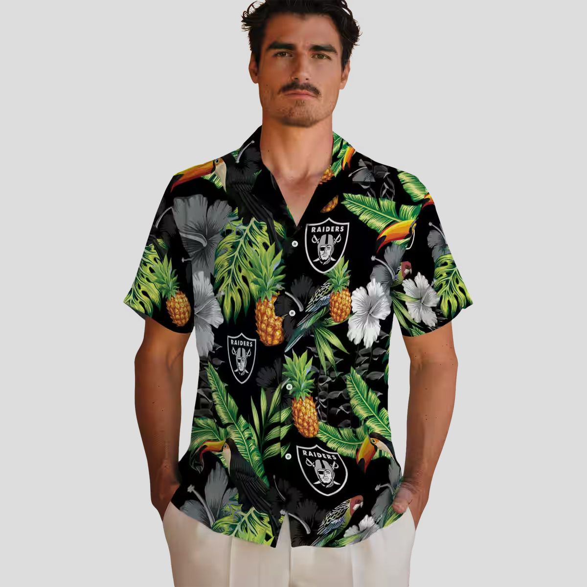 Black Green Las Vegas Raiders Aloha Button Up Shirt - Hibiscus Pineapple Hawaiian Style