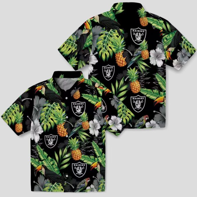 Black Green Las Vegas Raiders Aloha Button Up Shirt - Hibiscus Pineapple Hawaiian Style