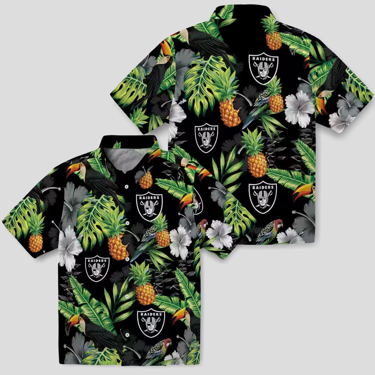Black Green Las Vegas Raiders Aloha Button Up Shirt - Hibiscus Pineapple Hawaiian Style