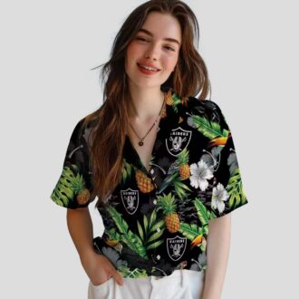 Black Green Las Vegas Raiders Aloha Button Up Shirt - Hibiscus Pineapple Hawaiian Style