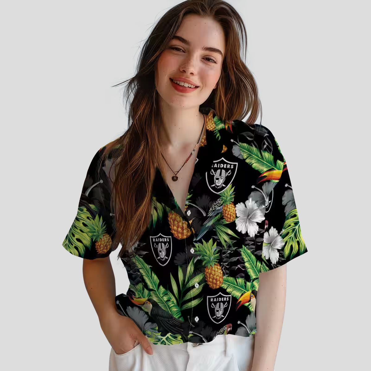 Black Green Las Vegas Raiders Aloha Button Up Shirt - Hibiscus Pineapple Hawaiian Style