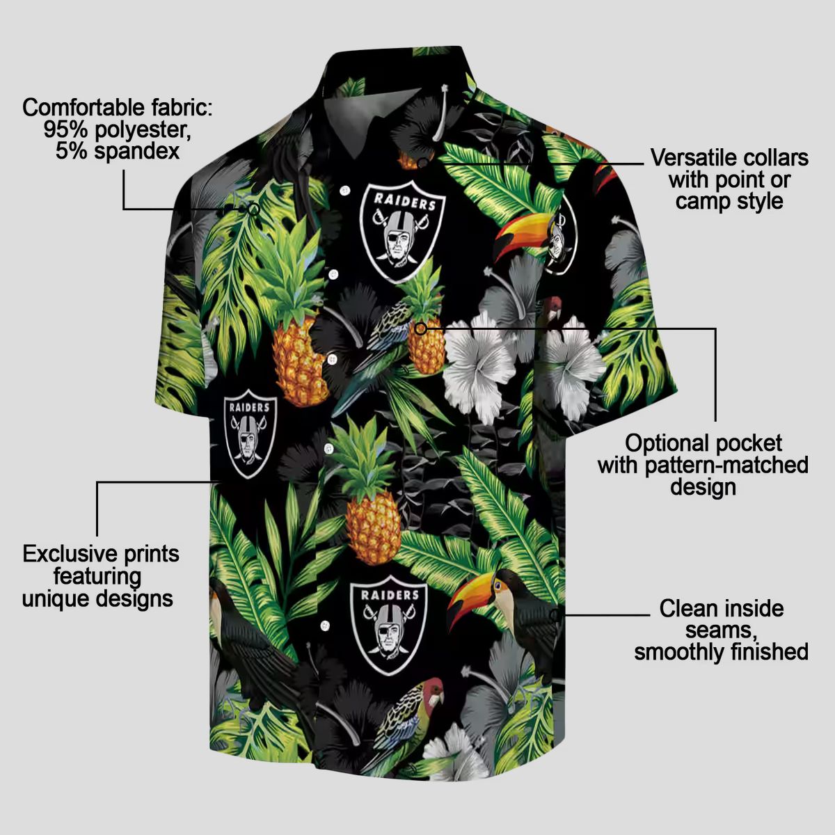 Black Green Las Vegas Raiders Aloha Button Up Shirt - Hibiscus Pineapple Hawaiian Style
