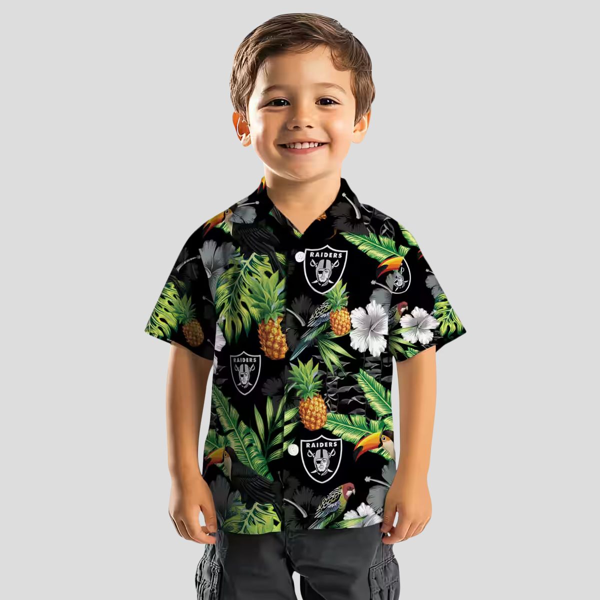 Black Green Las Vegas Raiders Aloha Button Up Shirt - Hibiscus Pineapple Hawaiian Style