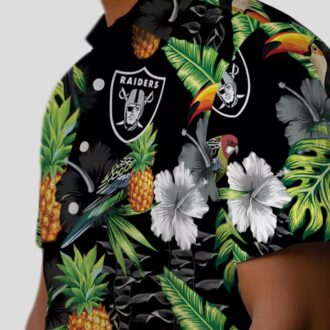 Black Green Las Vegas Raiders Aloha Button Up Shirt - Hibiscus Pineapple Hawaiian Style