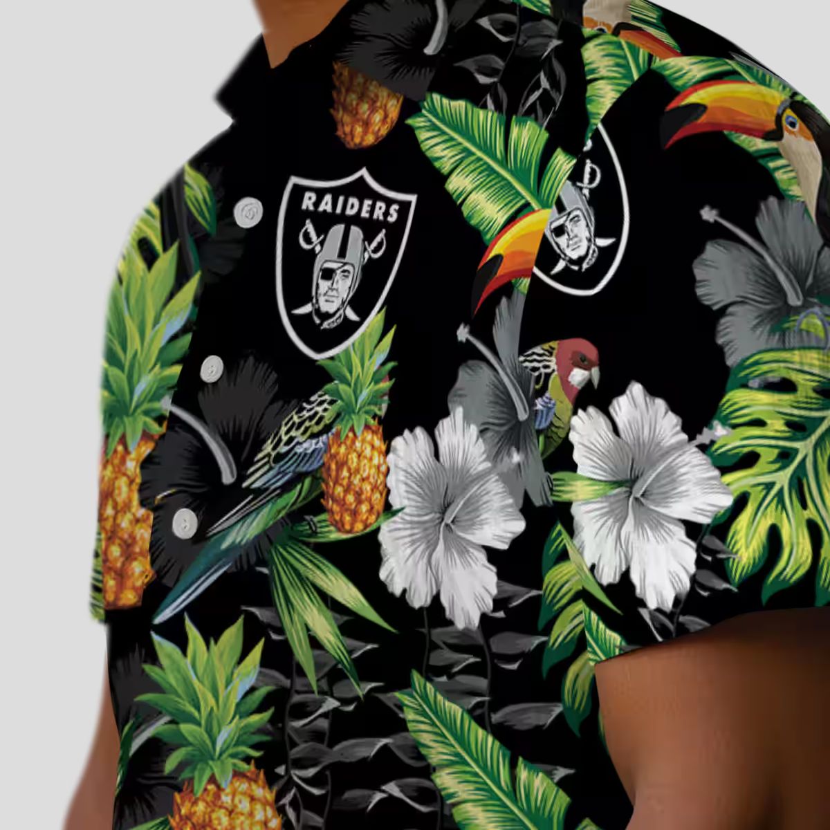 Black Green Las Vegas Raiders Aloha Button Up Shirt - Hibiscus Pineapple Hawaiian Style
