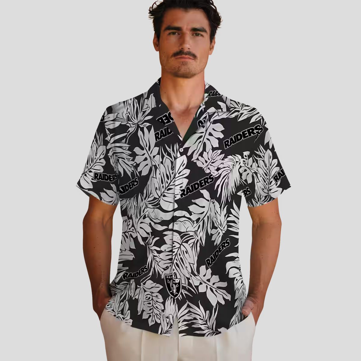 Black Hawaiian Shirt with Las Vegas Raiders Logo - Monstera Leaf Pattern for Fans