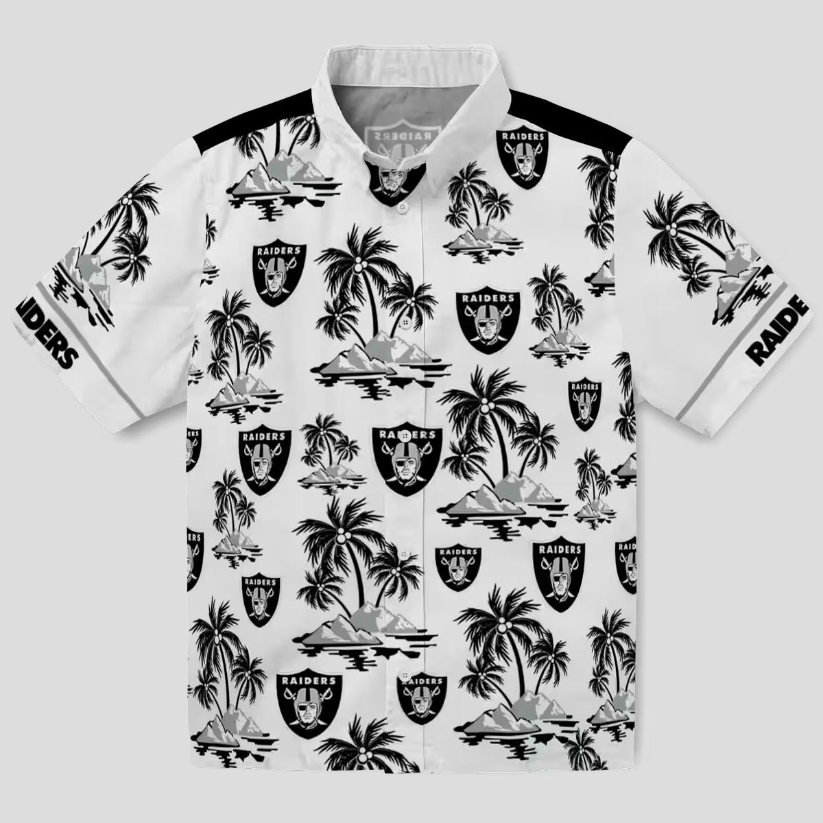 Black White Las Vegas Raiders Palm Island Hawaiian Shirt for Game Day & Vacation