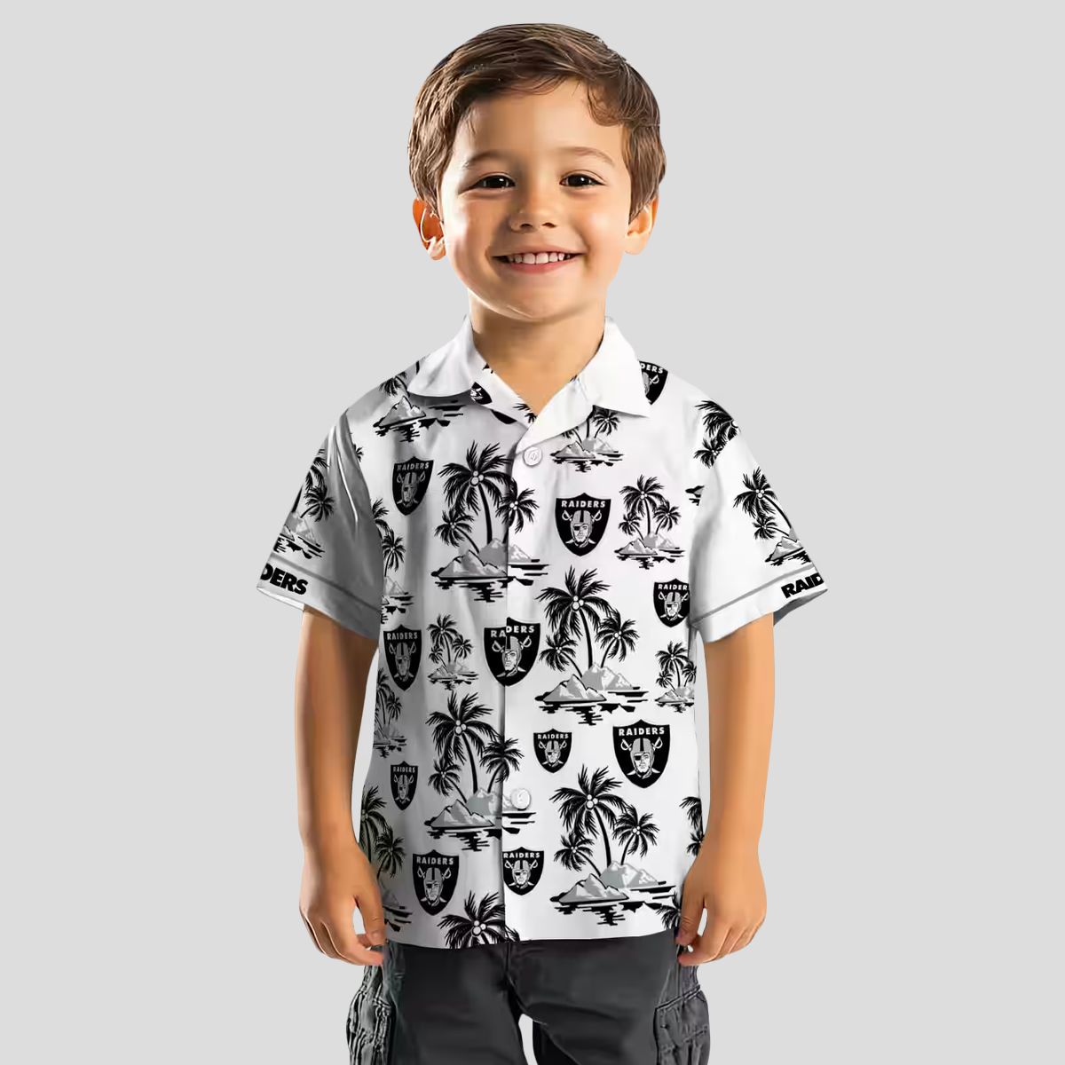 Black White Las Vegas Raiders Palm Island Hawaiian Shirt for Game Day & Vacation