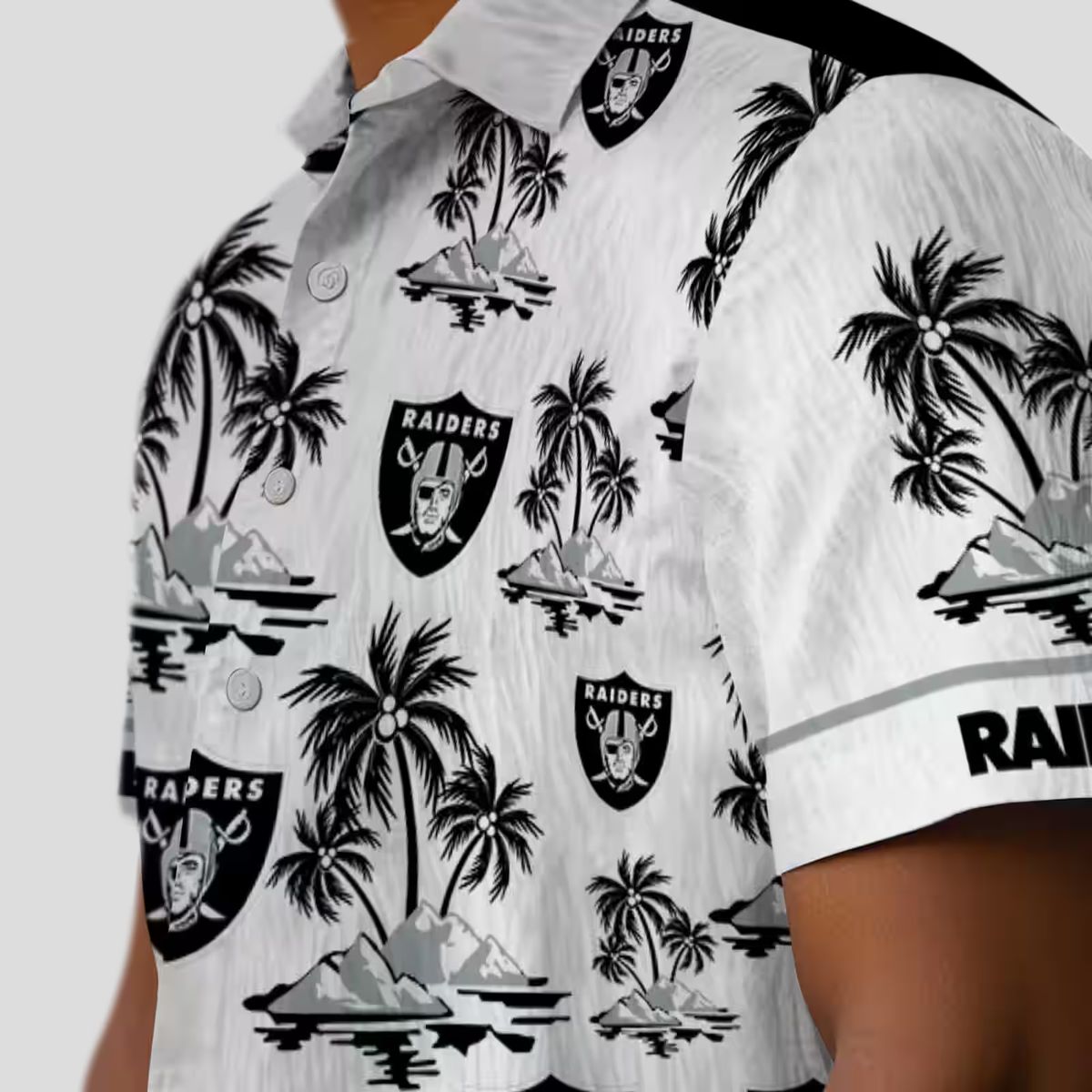 Black White Las Vegas Raiders Palm Island Hawaiian Shirt for Game Day & Vacation