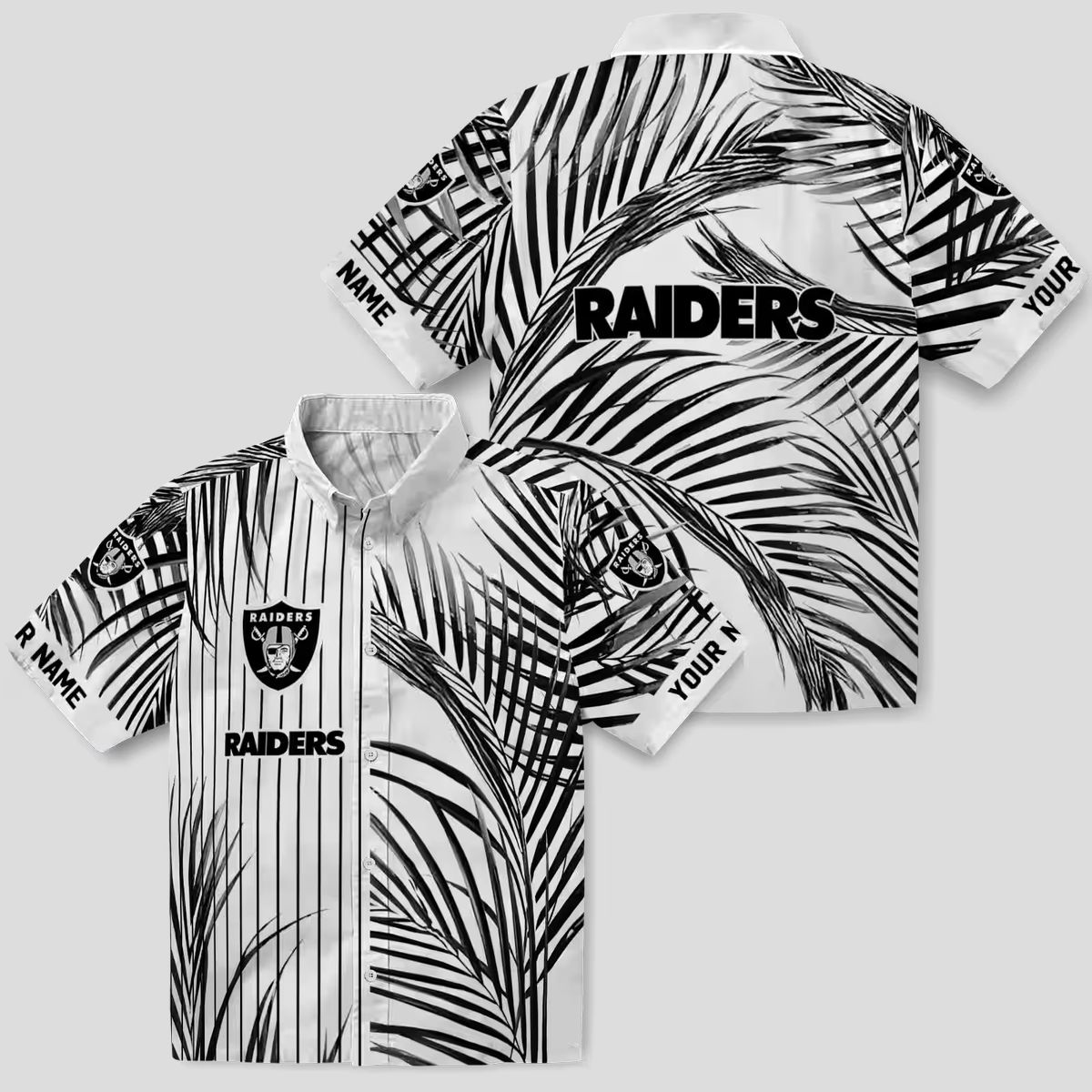 Black White Las Vegas Raiders Palm Stripes Hawaiian Shirt, Aloha Summer Outfits