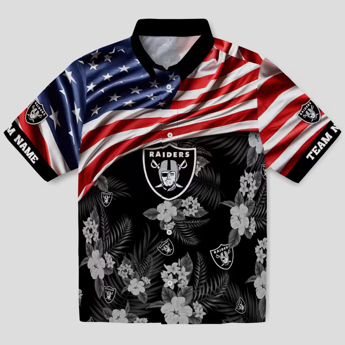 Custom Las Vegas Raiders Aloha Hawaiian Shirt - US Flag & Hibiscus Floral Design