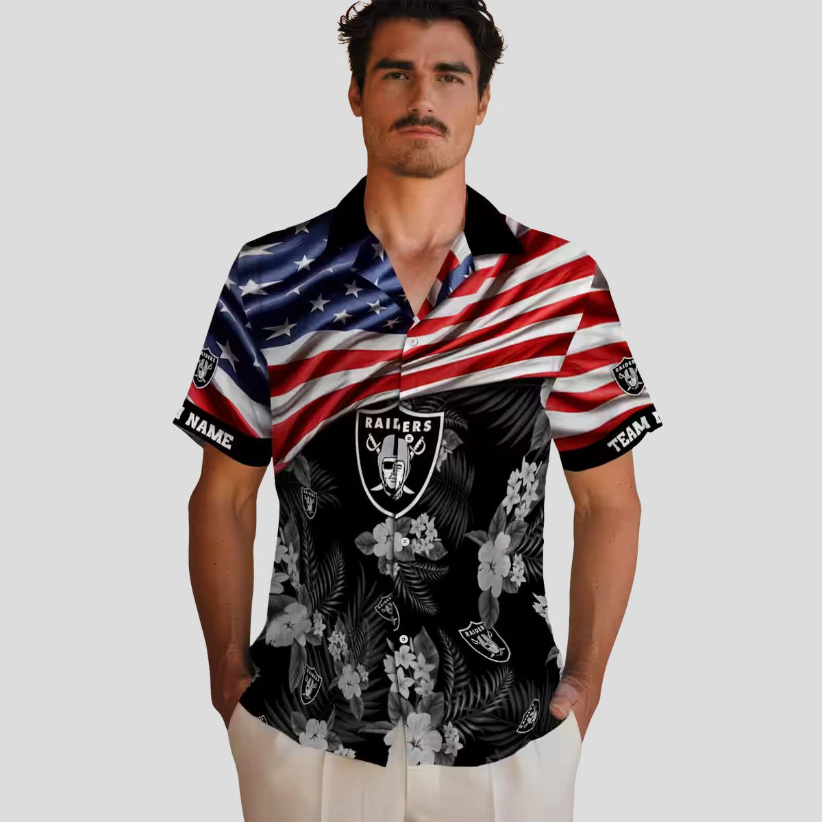 Custom Las Vegas Raiders Aloha Hawaiian Shirt - US Flag & Hibiscus Floral Design