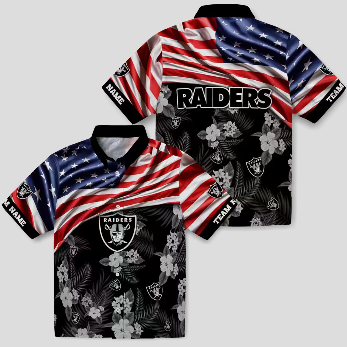 Custom Las Vegas Raiders Aloha Hawaiian Shirt - US Flag & Hibiscus Floral Design